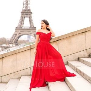 A-Line Off-the-Shoulder Floor-Length Chiffon Dress